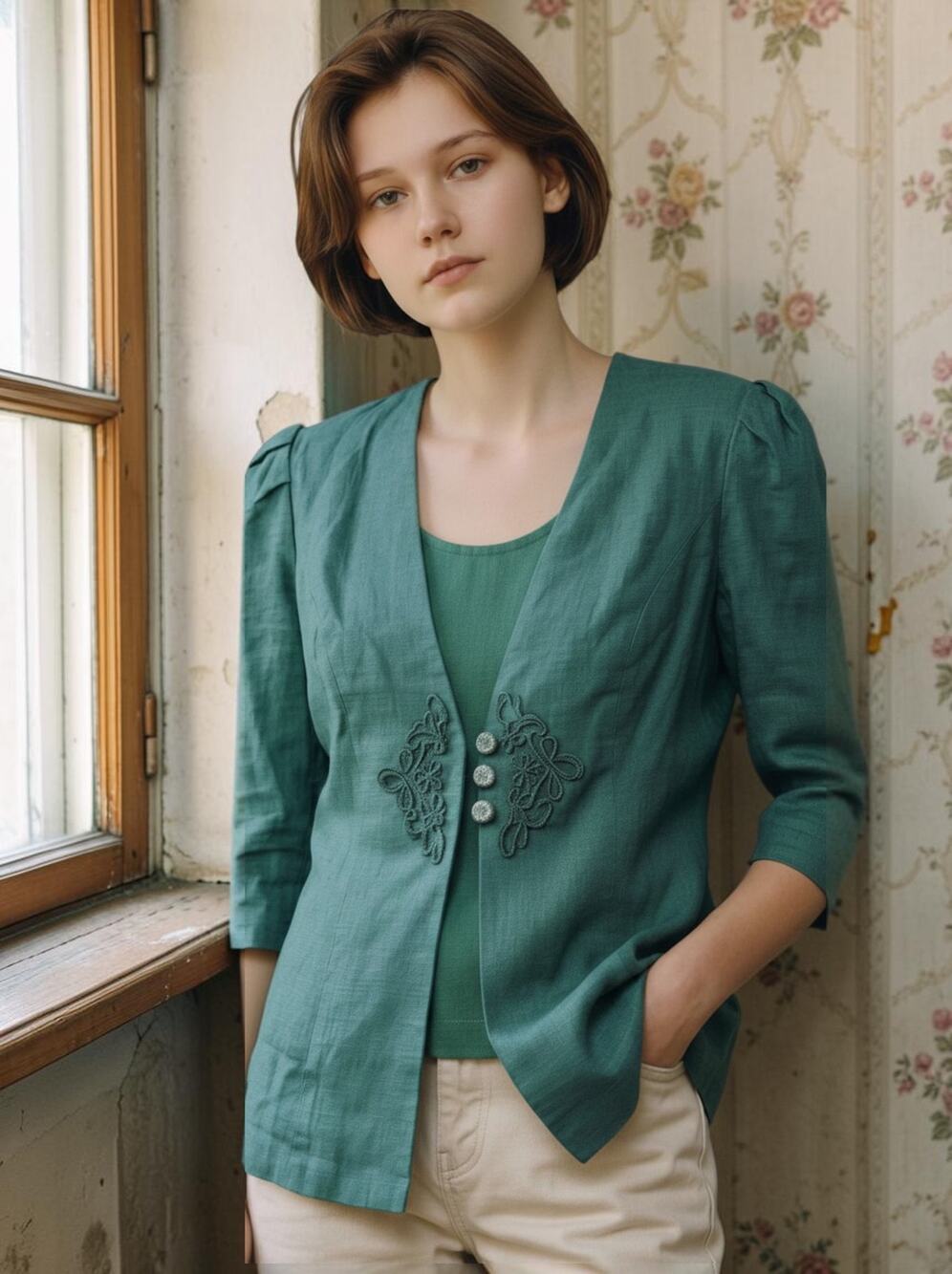 Vintage 80s Michael Blake Emerald Green Blazer Top 12 Whimsygoth Applique